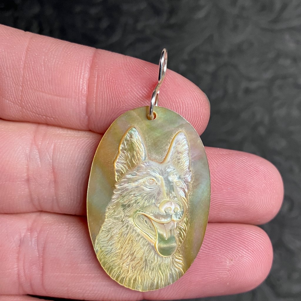 German Shepherd Dog Carved Mother Of Pearl Pendant